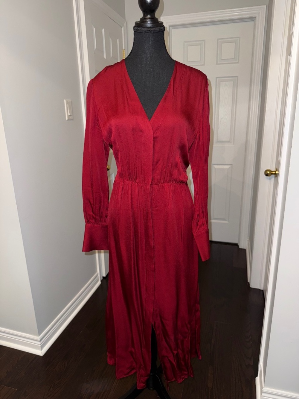 Massimo Dutti Red Satin Midi Dress Size 10 | Long Sleeve V-Neck